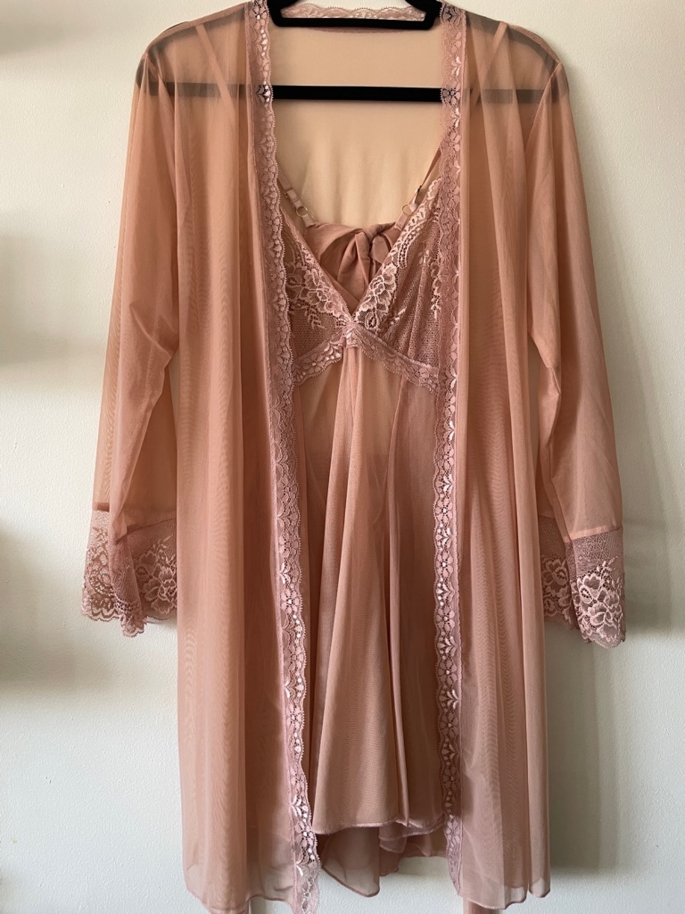 Sheer Lace-Trim Robe & Chemise Set - Blush
